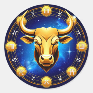 Adesivo Redondo Touro Dourado Touro no Círculo Zodiacal Cósmico
