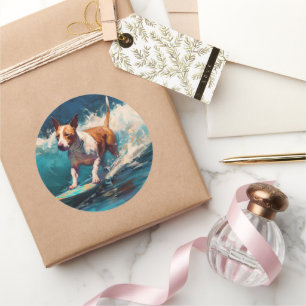 Adesivo Redondo Touro Terrier Beach Surfing Painting