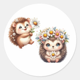 Adesivo Redondo  Tow cuteRomantic Floral Hedgehog Duo Illustration