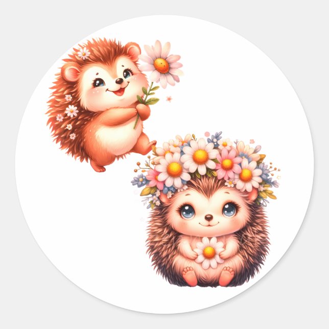 Adesivo Redondo  Tow cuteRomantic Floral Hedgehog Duo Illustration (Frente)