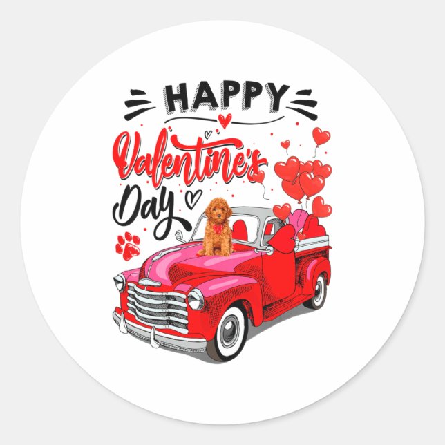 Adesivo Redondo Toy Odle Heart Red Truck Happy Valentine Day Dog  (Frente)