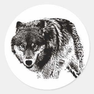 Adesivo Redondo Trabalho de arte de Preto e Branco do Lobo Selvage