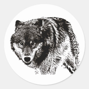 Adesivo Redondo Trabalho de arte de Preto e Branco do Lobo Selvage