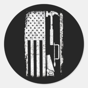 Adesivo Redondo Trabalho em Madeira Carpinteiro com Bandeira Ameri