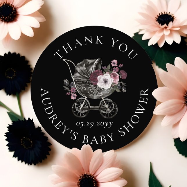 Adesivo Redondo Traço Gótico Floral Preto Obrigado Chá de fraldas (Floral Gothic Stroller Black Thank You Baby Shower Classic Round Sticker)