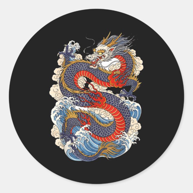 Adesivo Redondo Traditional Chinese Dragon East Asia Dragon Ukiyoe (Frente)