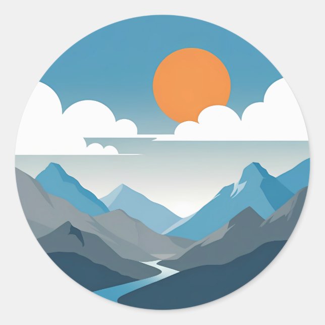 Adesivo Redondo Tranquil Horizon | Minimal Mountain Landscape Art (Frente)