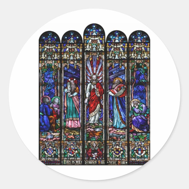 Adesivo Redondo Transfiguração da Arte de Vidro Mantida de Jesus C (Frente)