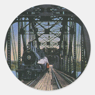 Adesivo Redondo Transporte de Viagem Antiga Trem na Ponte