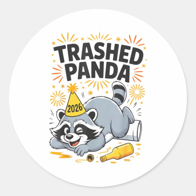 Adesivo Redondo Trashed Panda New Year 2026 Funny Drunk Raccoon  (Frente)