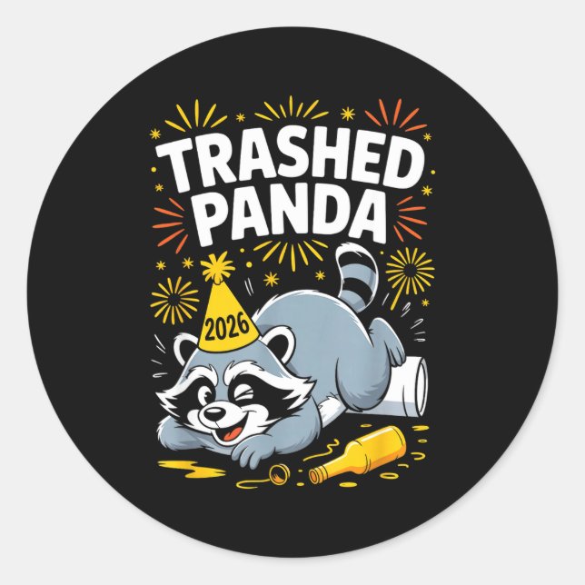 Adesivo Redondo Trashed Panda New Year 2026 Funny Raccoon Design  (Frente)