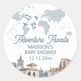 Adesivo Redondo Travel Adventure World Map Airplane Baby Shower