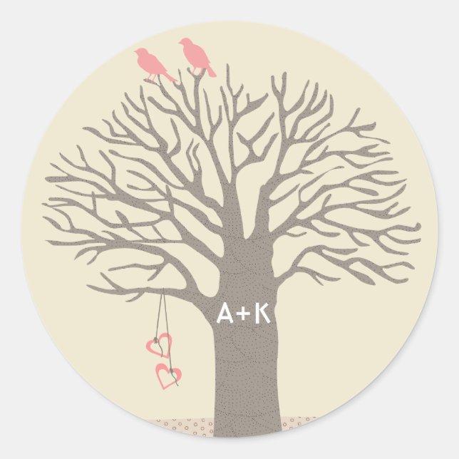 Adesivo Redondo Tree Love Birds Love Initials Custom Sticker Round (Frente)