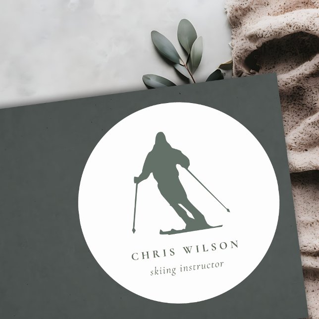 Adesivo Redondo Treinador de instrutor de silhueta de esqui verde  (Criador carregado)