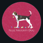 Adesivo Redondo Treing Walker Coonhound Christmas<br><div class="desc">Treing Walker Coonhound caçando a espécie de cão para ver a silhueta design de Natal. Esta silhueta também pode representar: TWC,  Redbone,  American English Coonhound,  Redtick,  Pointer,  Austrian Pinscher,  Catahoula Leopard Dog,  Leopard Hound,  Artois,  Braque d'auvergne,  Norueguês Hound,  Dunker,  Estoniano Hound,  Hanover Hound,  Hanoverian Hound,  Hanoverian Scenthound Hanoverian</div>