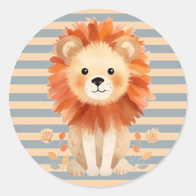 Adesivo Redondo Trendy Baby Lion Stripes Chá de fraldas (Frente)