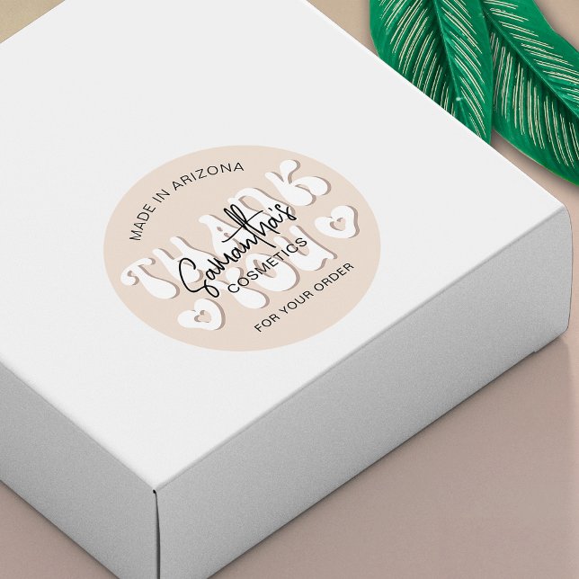 Adesivo Redondo Trendy Beige Retro Groovy Obrigado Negócios (Trendy thank you for order stickers in beige and white with groovy fonts and retro aesthetic)