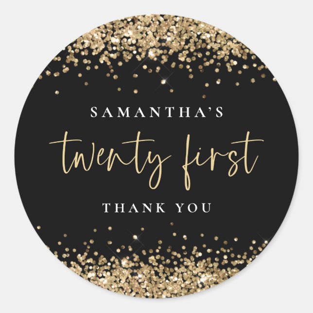 Adesivo Redondo Trendy Black Dourado Glitter Name 21rua Obrigado (Frente)