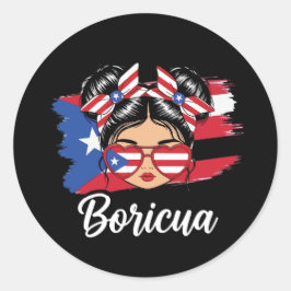 Adesivo Redondo Trendy Boricua Girl Puerto Rico Flag