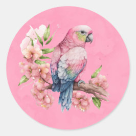 Adesivo Redondo Trendy Cute Parrot Bird Pink Chá de fraldas Clas