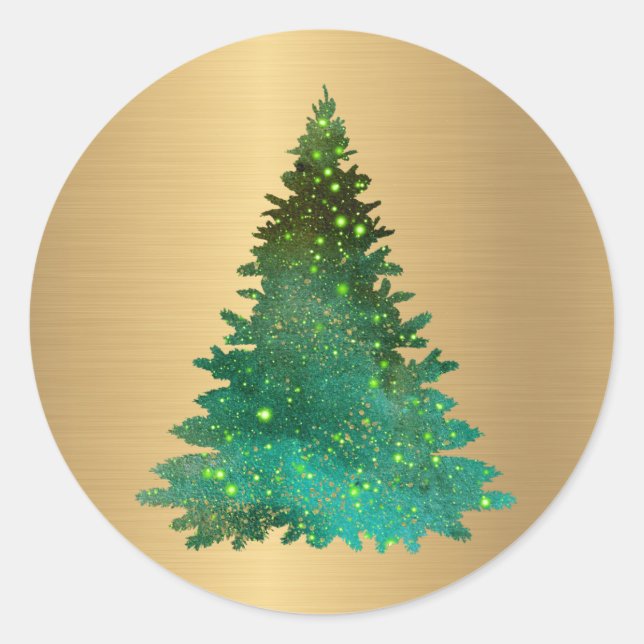 Adesivo Redondo Trendy Dourado Green Glitter Tree Natal (Frente)
