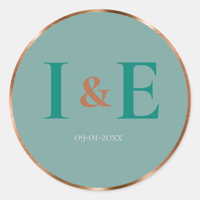 Adesivo Redondo Trendy Faux Copper Foil Frame Teal Text Casamento (Frente)
