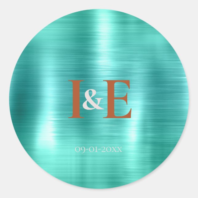 Adesivo Redondo Trendy Faux Teal Foil Copper Texto Casamento (Frente)