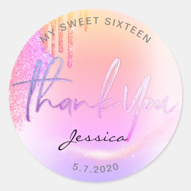 Adesivo Redondo Trendy Glitter Colírio Holográfico Obrigado (Frente)