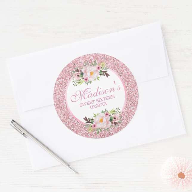 Adesivo Redondo Trendy Glitter Pink Floral Sweet 16 (Envelope)