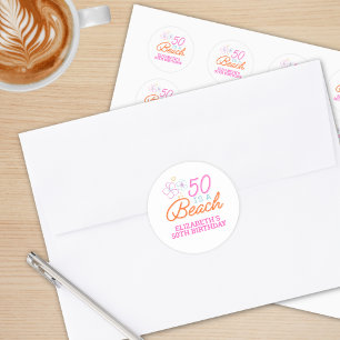 Adesivo Redondo Trendy Hand Drawn Doodle 50th Beach Birthday