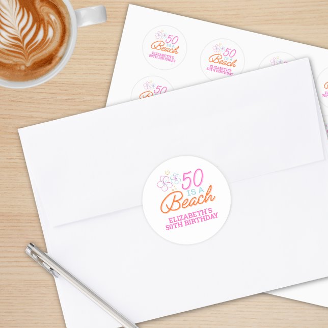 Adesivo Redondo Trendy Hand Drawn Doodle 50th Beach Birthday (Criador carregado)