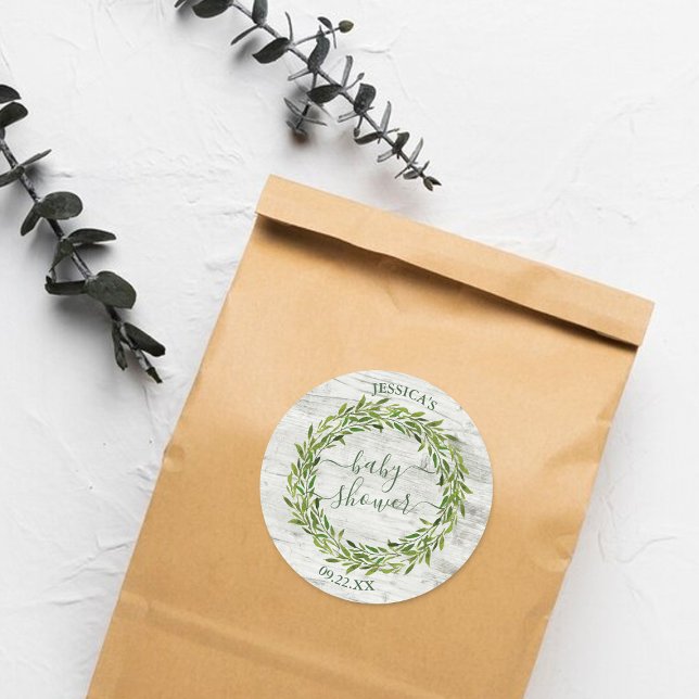 Adesivo Redondo Trendy Laurel Wreath Greenery Chá de fraldas (Criador carregado)