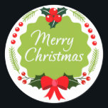 Adesivo Redondo Trendy Merry Christmas Wreath Sticker<br><div class="desc">Linda coroa de natal apresenta fita e conhaque,  folhas e forma. Você pode personalizá-lo com seu próprio texto e cor de fundo.</div>