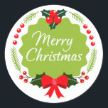 Adesivo Redondo Trendy Merry Christmas Wreath Sticker<br><div class="desc">Linda coroa de natal apresenta fita e conhaque,  folhas e forma. Você pode personalizá-lo com seu próprio texto e cor de fundo.</div>