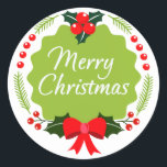Adesivo Redondo Trendy Merry Christmas Wreath Sticker<br><div class="desc">Linda coroa de natal apresenta fita e conhaque,  folhas e forma. Você pode personalizá-lo com seu próprio texto e cor de fundo.</div>