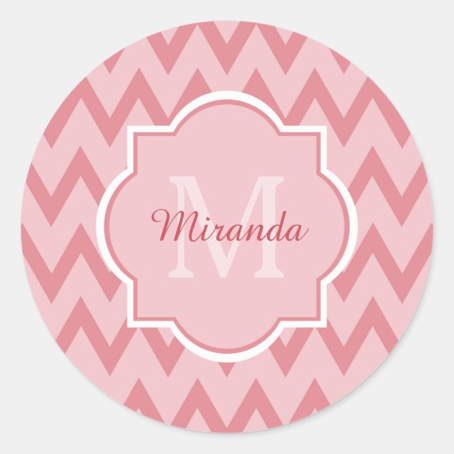 Adesivo Redondo Trendy Pink Chevron Zigzag Name e Monograma (Frente)