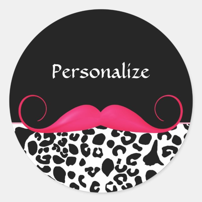 Adesivo Redondo Trendy Pink Mustache Girly Leopard Imprime Com Nom (Frente)