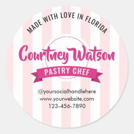 Adesivo Redondo Trendy Pink Stripes Cake Bakery Pastry Chef
