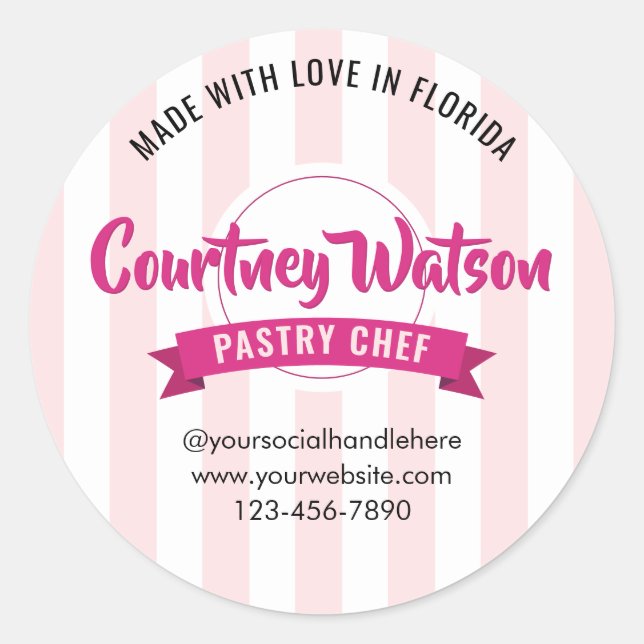 Adesivo Redondo Trendy Pink Stripes Cake Bakery Pastry Chef (Frente)