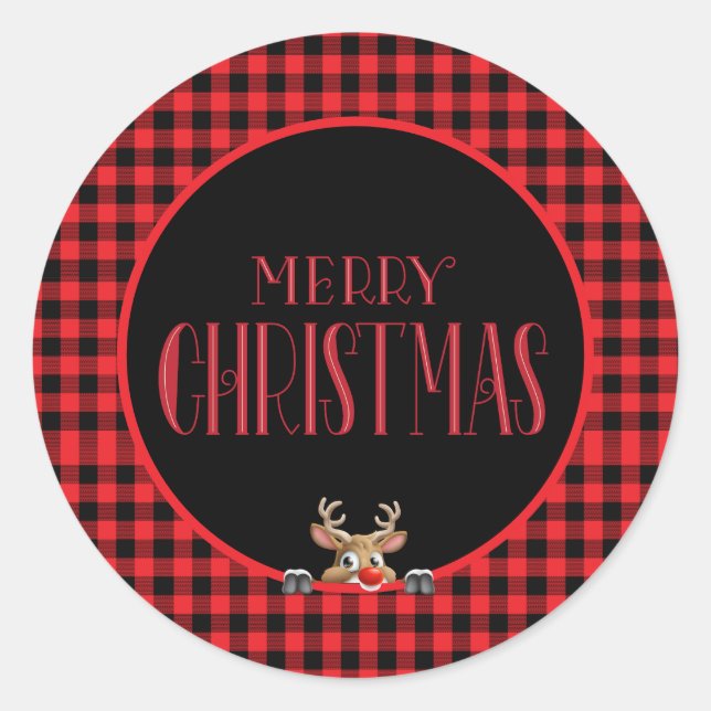 Adesivo Redondo Trendy Red Black Buffalo Cheque com Reindeer (Frente)