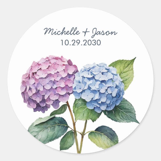 Adesivo Redondo Trendy Watercolor Hydrangea Casamento Floral (Frente)