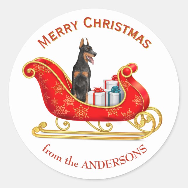 Adesivo Redondo Trenó de Natal Doberman Pinscher Cachorro (Frente)