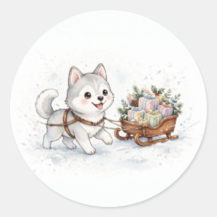 Adesivo Redondo Trenó de Natal Puxado por Husky Clássico