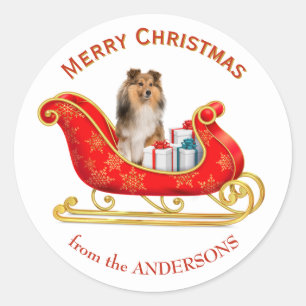Adesivo Redondo Trenó de Natal Shetland Sheepdog