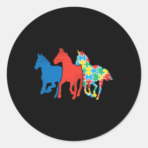 Adesivo Redondo Três Cavalos Quebra-cabeça Vermelho Azul Autismo C
