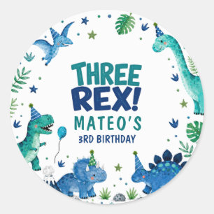 Adesivo Redondo Três Dinossauros Rex Azul Aniversário de 3 anos