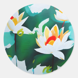 Adesivo Redondo Três flores brancas de Lotus com folhas verdes