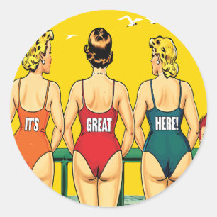 Adesivo Redondo Três Garotas Pin-up por Trás, Humor de Praia, Dive