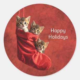 Adesivo Redondo Três gatinhos numa meia de Natal Stickers