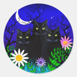 Adesivo Redondo Três Gatos Pretos nos Pinheiros Noturnos